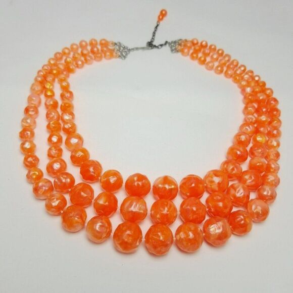 Vintage Bright Orange Three Strand Graduated Size Beaded Necklace, Adjustable - Picture 1 of 8